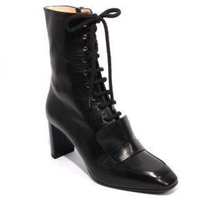 ITALIAN Black Leather Zip Lace Up Ankle Heel Boots